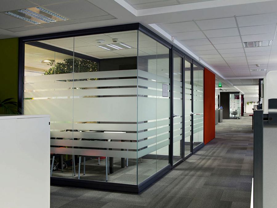 Glass partitions in a well-kept office